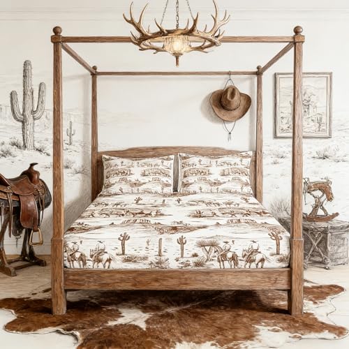 Western Cowboy Fitted Sheet Full Size,Brown Sketch Desert Wild Horse Bedding Set for Kids Boys Men Girls Bedroom Decor Rustic Farmhouse Bed Sheet Wild Animals Deep Pocket Sheet (No Flat Sheet)