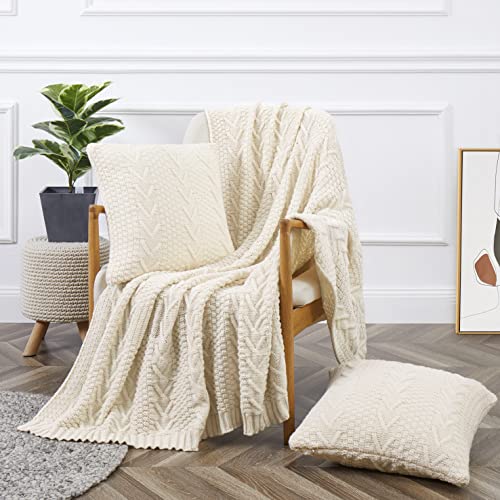 "Aormenzy Knitted Throw Blanket (50"" x 60"") and 2 Pillow Covers (18"" x 18""), 3 Piece Cream Throw Blanket Set, Decorative Throw Blankets for Couch Sofa Bed Living Room"