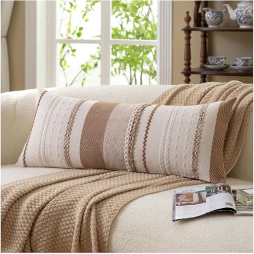 Cethom Boho Lumbar Pillow Covers 14x36 Inch Long, Brown Textured Decorative Couch Pillow Cases for Farmhouse Home Decor, Accent Cushion Cover for Sofa, Bed, Living Room, Bedroom, Pack of 1
