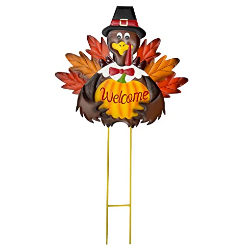 "Grace Home Metal Turkey Lawn Stake, Thanksgiving Yard D??cor with Pumpkin Welcome Sign,Fall Harvest Autumn Thanksgiving Lawn Yard Outdoor Garden Decorations 23"" H"