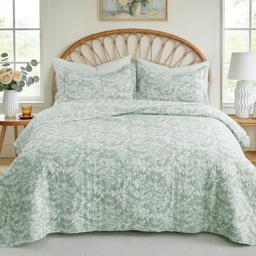 "GOONE XL King Quilt Set 106""x96"", Sage Green Leaf Botanical Boho Bedspread Farmhouse Bedding Set, Lightweight Spring & Summer Quilt Set, Reversible Bed Coverlet, Quilt King Size with 2 Pillow Shams"