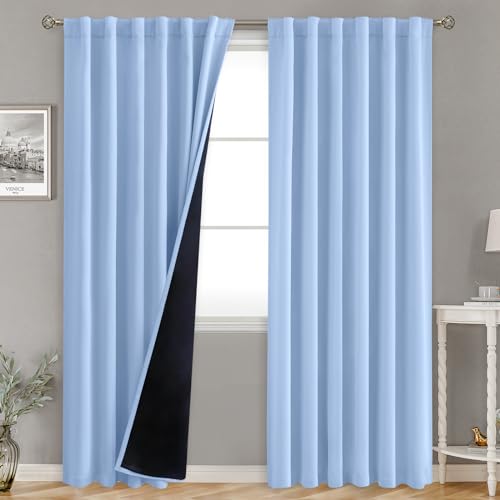 BGment 100% Blackout 80 Inch Curtains with Thermal Insulation Liner, Room Darkening Window Treatment Rod Pocket and Back Tab Double Layer Curtain for Living Room (52 x 80 Inch, 2 Panels, Light Blue)