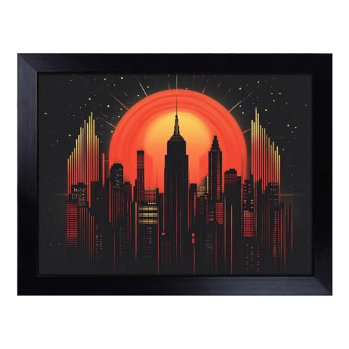 Lap Tray with Bean Bag Cushion, Skyline Art Deco Sunset - Handmade in the UK, Raised Wooden Edge, Padded Cushion, Heat-Resistant Wipe-Clean Surface, for Meals, Laptops and Crafts