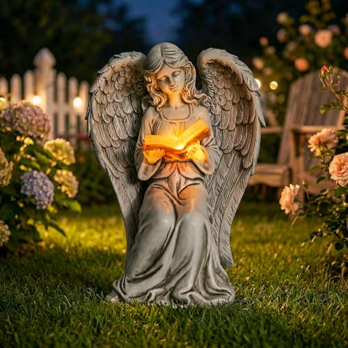 Solar Angel Garden Statue with Lighted Book, Outdoor Guardian Angel Decor - Angel Statue Outdoor Holding a Glowing Book, Peaceful Outdoor Decor for Yard, Patio, Memorial Garden and Meaningful gifts