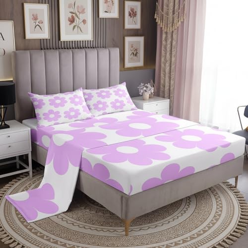 Manfei Cute Daisy Flowers Bed Sheet Set 4 Piece,70s Retro Groovy Sheets Full Size Sheets Set,Cartoon Floral Purple Soft Microfiber Bedding Set with Flat,Fitted Sheet,2 Pillow Cases