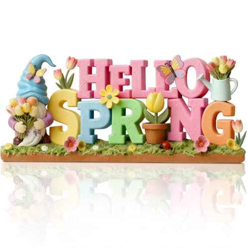 Simgoing 1 Pack Hello Spring Gnome Table Decoration Pastel Flower Table Sign Festive Gnome Statue Tabletop Centerpiece for Spring Tabletop Tiered Tray Fireplace Decor