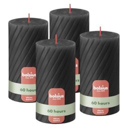 Bolsius Rustic Pillar Candles – Ribbed – Anthracite – Set of 4 – 13 cm – Decorative Household Candles – Made with Natural Plant-Based Wax – Palm Oil Free
