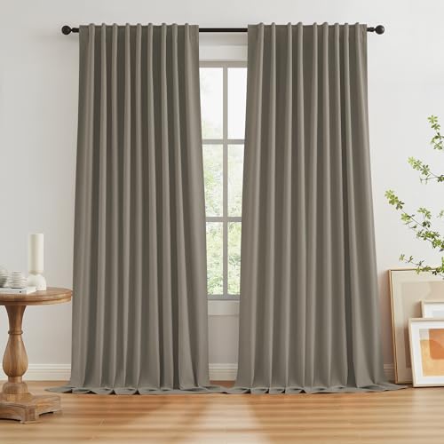 KEQIAOSUOCAI 102 Inches Curtains Blackout Pinch Pleated Drapes Back Tab Hook Belt Country Farmhouse Curtains for Living Room Ceiling Track System,Taupe,72 by 102
