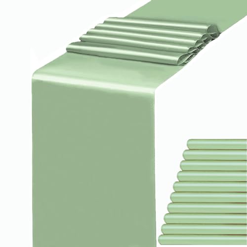 Satin Sage Green Table Runners 10 Pack - Wedding Table Runner 12 x 108 Inches Long for Weddings Party Birthday Engagement Banquet Christmas Anniversary Events Decorations