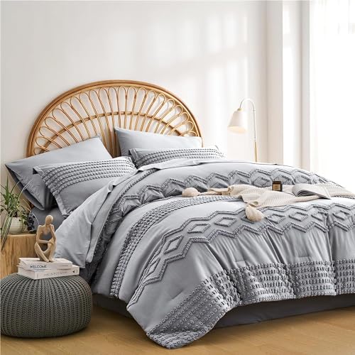 KAKIJUMN Grey Tufted Comforter Set Full Size 7 Piece Bed in a Bag, Shabby Chic Boho Comforter and Sheet Set, Pom Pom Textured Bed Set, All Season Soft Microfiber Complete Bedding Set(Grey,Full)