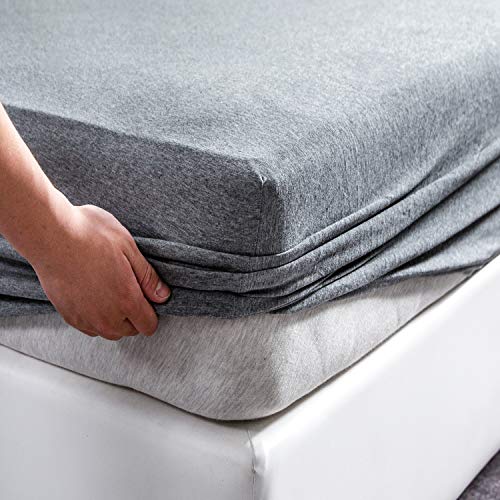 "PURE ERA Jersey Knit Cotton Fitted Bottom Sheet ONLY (No Flat Sheet or Pillow Cases) Extra Deep Pocket Up to 15"" to 20"" Ultra Soft Comfy Breathable Blueish Grey Queen"