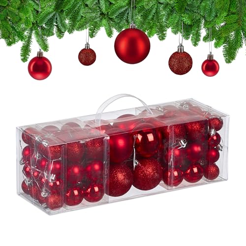 Relaxdays Christmas Baubles, Set of 76, Tree Ornaments, Holiday Decorations, Plastic, Glittery, Matte & Shiny, Red