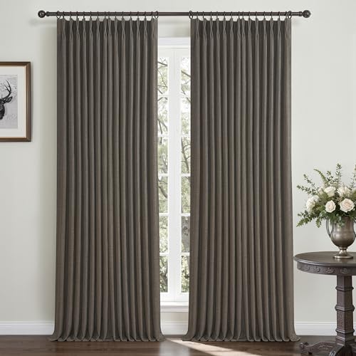 Chocolate Tart Dual Layer Linen 92 Inch Office Curtains 2 Panels Set, Blackout Memory Trained Pinch Pleated Insulated Noise Cancelling Elegant Windows Curtain & Drapes for Living Room with Hooks Rings