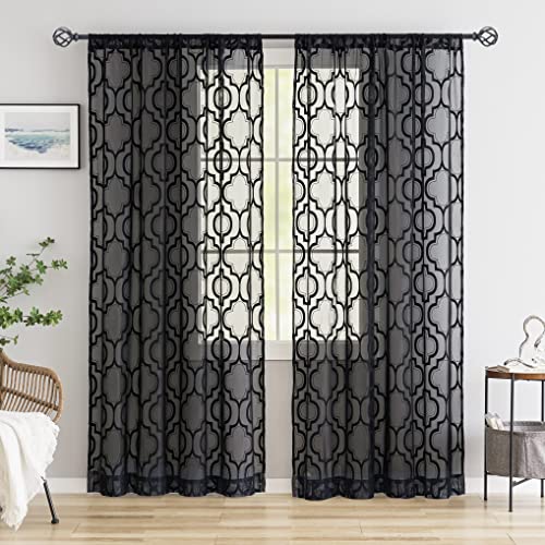 "Black Lace Sheer Curtains for Living Room Bedroom 63 inch Length Geometric Window Treatment Sets Moroccan Contemporary Trellis Light Filtering Privacy Sheer Window Drapes 52"" w x 2 Panels Rod Pocket"