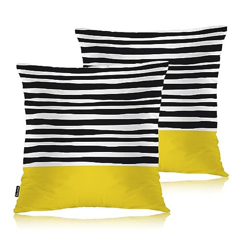 "Swono Abstract Black Yellow Home Decorative Throw Pillows Covers 18""X18"" Set of 2 Outdoor Pillowcase for Livingroom Bedroom, Modern Black Stripes Yellow Block Boho Pillow Cushion Covers for Man Woman"