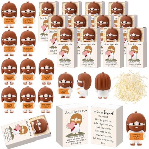 Thyle 50 Sets Christian Mini Jesus Figurines Inspirational Gifts Bulk Small Jesus with Match Storage Box Pocket for Coworker Church Member Sunday School Religious Christmas Party Favors (Stylish)