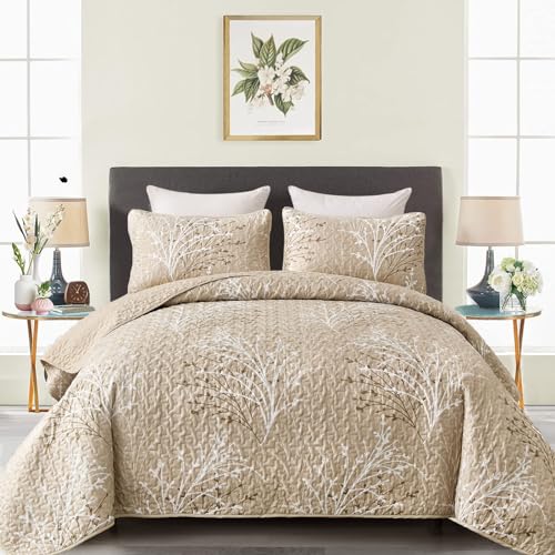 DJY Beige Quilt Set Full Size 3 Piece Branch Botanical Pattern Bedspread Coverlet Set, Cream Beige Floral Quilt Bedding Set Soft Lightweight Summer Bedspread Bed Cover for All Season, 80''x90''