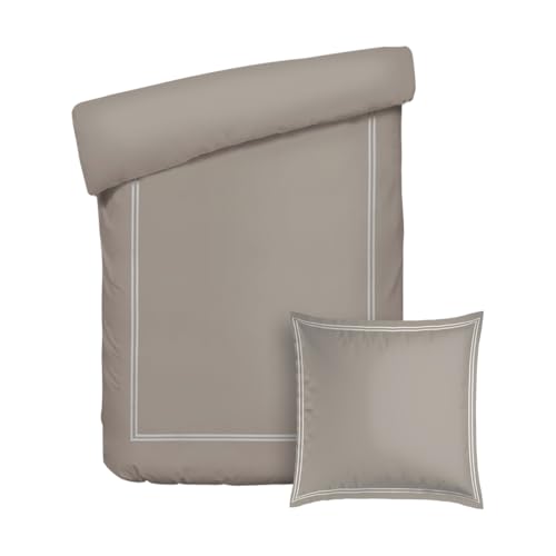 Pure Cotton 2-Piece Single Bed Linen – Duvet Cover 135 x 200 cm and Pillowcase 80 x 80 cm – 100% Cotton Satin, 80 Thread Count, 120 GSM – Oeko-TEX Certified – Silhouette – White/Taupe