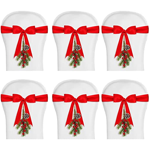 6 Pcs Christmas Chair Decoration - Red Ribbons & Berries Pine Sashes for Events & Home Decor