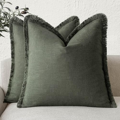 Foindtower Set of 2 Decorative Linen Cushion Covers with Fringe, Cosy Boho Cushion Covers with Tassels for the Sofa, Chair, Bed, Living Room, Home Decor, 56 x 56 cm, Olive Green