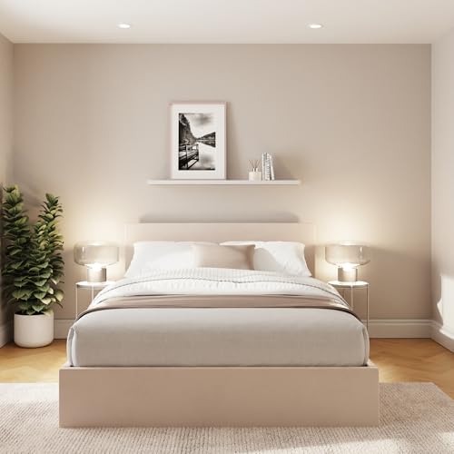 135cm Double End Lift Ottoman Bed Frame Natural Velvet Gas Lift Storage Bed with Large Hidden Underbed Storage