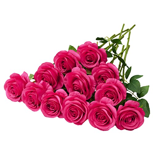 Helera 12PC Hot Pink Roses Artificial Flowers Fake Roses Silk Roses Flowers with Long Stems for Wedding Home Party Centerpieces Decorations