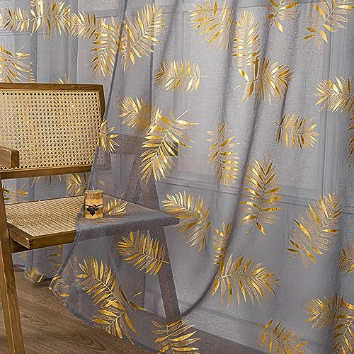"Sutuo Home Dark Grey Sheer Curtains 84 Inches Long 2 Panels Set, Gold Foil Print Metallic Bronzing Tropical Leaves, Window Treatment Decor Drape Pair for Bedroom Living Room 52"" W x 84"" L"