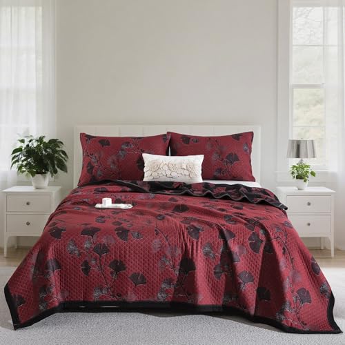 Purefair 100% Cotton Muslin Jacquard 3 Piece Quilt Set Floral Ginkgo Leaf Print, Soft 3 Layers Gauze Bed Cover Reversible Bedspread Coverlet Breathable Lightweight Bedding Set, Queen