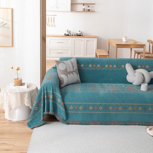 VCLIFE Boho Couch Cover Green Geometric Jacquard Pattern Sofa Cover, 1 Piece Large Couch Covers for 3 Cushion Couch Sofa Washable Plush Chenille Sofa Protector for Living Room, 71x150 Inch