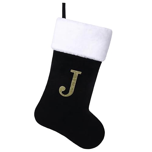 Yehnois 20 Inches Initial Monogram Christmas Stocking Personalized,Deluxe Black Velvet Body with Super Soft Plush Cuff Embroidered Letter,Holiday Season Decor???J???