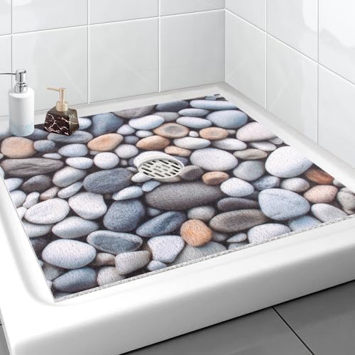Square Shower Mat, Yonala 24 x 24 Inch Stylish Non Slip Shower Mats for Inside Shower with Central Drain Hole, Soft Trimmable PVC Loofah Anti Slip Shower Mat for Walk in Shower Stall, Quick Drying