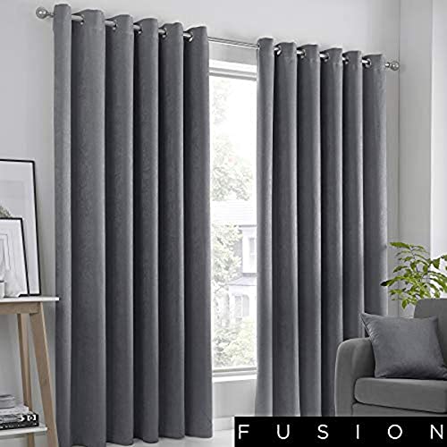Fusion Strata Woven Eyelet Lined Curtains, Charcoal, 66 x 90 Inch