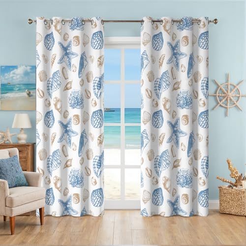 Coastal Beach Curtains Grommet Drapes Decorative Nautical Seashell Starfish Themed Thermal Insulating 50% Light Blocking Window Darkening Curtain for Living Room, Bedroom 2 Panels Set, 52x96 Inches