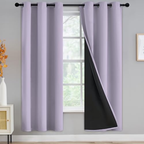 100% Blackout Window Curtain Panels for Bedroom, Heat and Full Light Blocking Drapes with Black Liner for Nursery, Thermal Insulated Solid Grommet Panels for Living Room, 42Wx72L, Lilac, 2 Panels