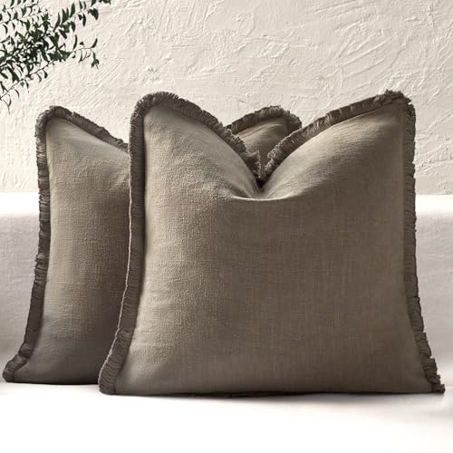 ROMANDECO Boho Decorative Throw Pillow Covers with Fringe for Couch, Living Room, Bed Set of 2, 26x26 Inches, Khaki Brown