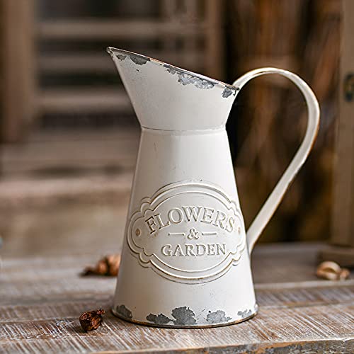 "JSY-UP Small Vase for Flowers Shabby Chic Metal Jug Pitcher Decorative White Vase for Decor - 8.7"""
