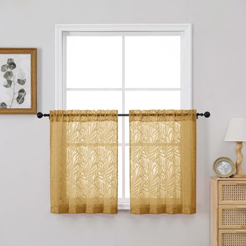 OVZME Gold Kitchen Sheer Curtains 30 inch Length 2 Panels Set, Voile Light Filtering Farmhouse Leaf Jacquard Short Tier Curtains for Cafe Bathroom Bedroom, Dual Rod Pocket, 2x30Wx30L Inches