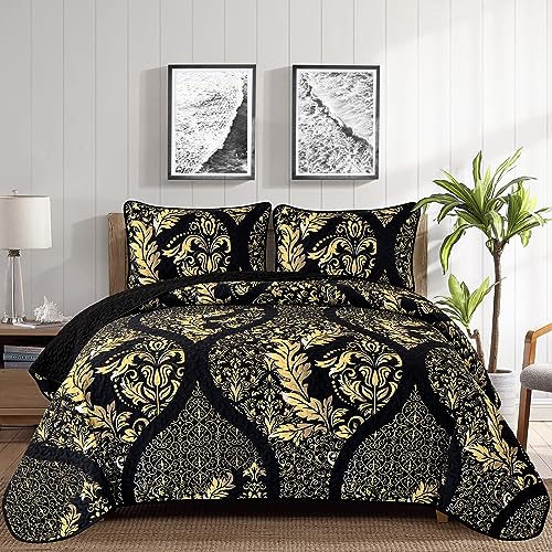 "DJY Black Quilt Set King Size, Boho Gold Damask Bedspread Coverlet Set Soft Lightweight Microfiber Bedding Set 3 Pieces for All Season (104""x90"")"