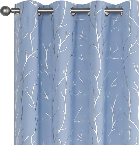 BUHUA Black Out Curtains 72 Inch Long 2 Panels, Soundproof Curtains with Elegant Silver Tree Branches Print, Heat Blocking Curtains for Livingroom, 38W x 72L, Baby Blue