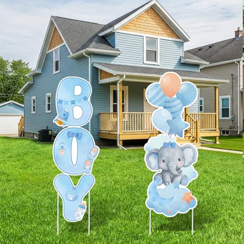 2 Sets Baby Shower Plastic Yard Sign with Stakes Gender Reveal Outdoor Decorations Blue Elephant Boy
