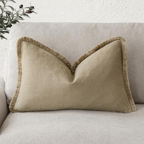 Foindtower Decorative Pillow Cover with Fringes Made of Linen, Boho Style, Farmhouse Pillow Cover with Tassel, Soft Accent Pillow Cover for Sofa, Bed, Living Room, Home Decor, 12 x 20 inches, 1 Piece,