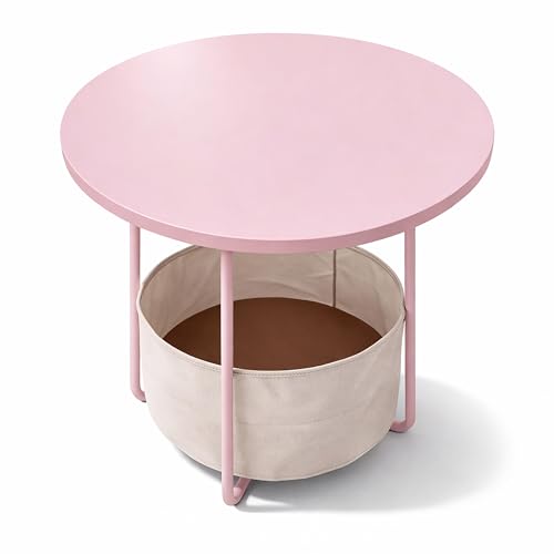 Relaxdays round side table with fabric basket, H x D 50x45 cm, for living room, MDF & metal, pink-cream
