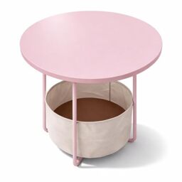 Relaxdays round side table with fabric basket, H x D 50x45 cm, for living room, MDF & metal, pink-cream