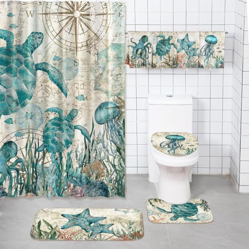 Tatuo 8 Pcs Beach Shower Curtain Set Summer Ocean Animal Bathroom Decor Sea Nautical Coastal Waterproof Shower Curtain with Rugs Towels, Include Non Slip Rug, Toilet Lid Cover, Bath Mat and 12 Hooks