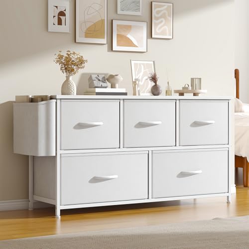 Feonase Fabric 5 Drawer Storage Cabinet with Side Pocket – Wide Dresser Chest for Bedroom, Hallway, Nursery & Closet, Metal Frame & Wood Top, Lightweight Storage Unit White