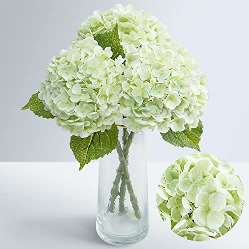 "Waipfaru 21"" Real Touch Hydrangea Artificial Flowers with Long Stem & Leaves, Full Latex Faux Hydrangea Flowers for Home Decor Party Floral Arrangements Wedding Bouquets Centerpieces, Green 3Pcs"
