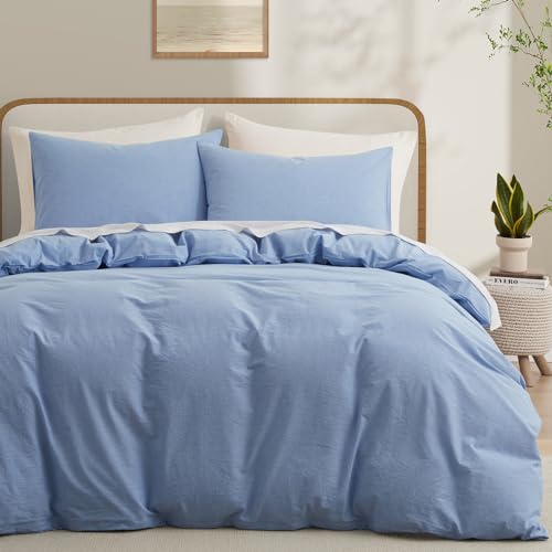 LOVQUE 100% Washed Cotton Duvet Cover, Light Blue, Queen Size, 90x90 Inches - Breathable, Linen-like, Natural Bedding Set with Zipper Closure, Corner Ties, 1 Cover + 2 Pillowcases, No Comforter