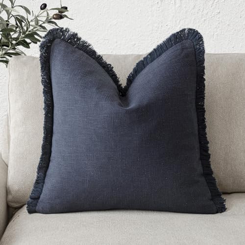 Foindtower Decorative Linen Fringe Throw Pillow Covers Cozy Boho Farmhouse Cushion Cover with Tassels Soft Accent Pillowcase for Chair Sofa Bed Living Room Home Decor, 26??26 Inch, 1PC, Navy Blue