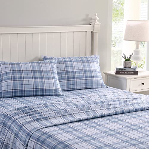Laura Ashley Home - King Sheets, Cotton Flannel Bedding Set, Brushed for Extra Softness & Comfort (Mulholland Plaid Blue, King)