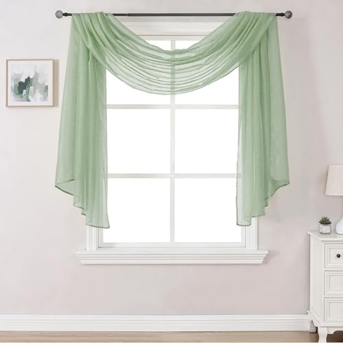 DONREN 144 Inches Long Window Scarf for Party - Luxury Soft Semi Sheer Scarf Valance for Wedding (1 Panel,Sage Green)